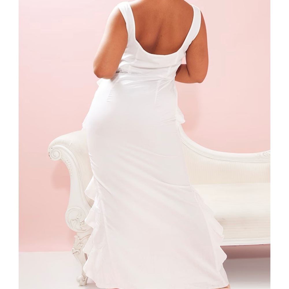 Plus White Satin Frill Layered Midaxi Dress (Preloved)